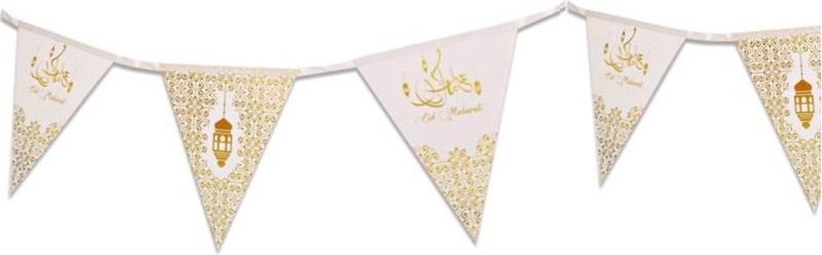 2x stuks Ramadan Mubarak thema papieren vlaggenlijnen/slingers wit/goud 3 meter - Suikerfeest/offerfeest versieringen/decoraties