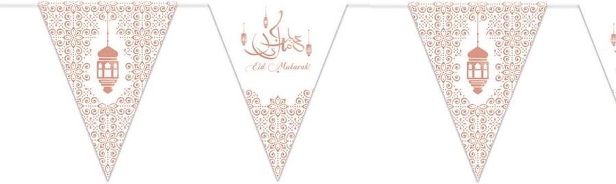 2x stuks Ramadan Mubarak thema papieren vlaggenlijnen/slingers wit/rose goud 3 meter - Suikerfeest/offerfeest versieringen/decoraties