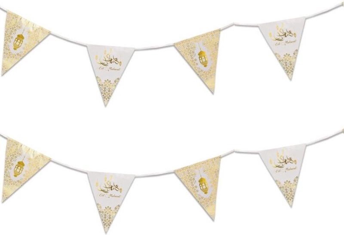 2x stuks Ramadan Mubarak thema vlaggenlijnen/slingers wit/goud 6 meter - Suikerfeest/offerfeest versieringen/decoraties