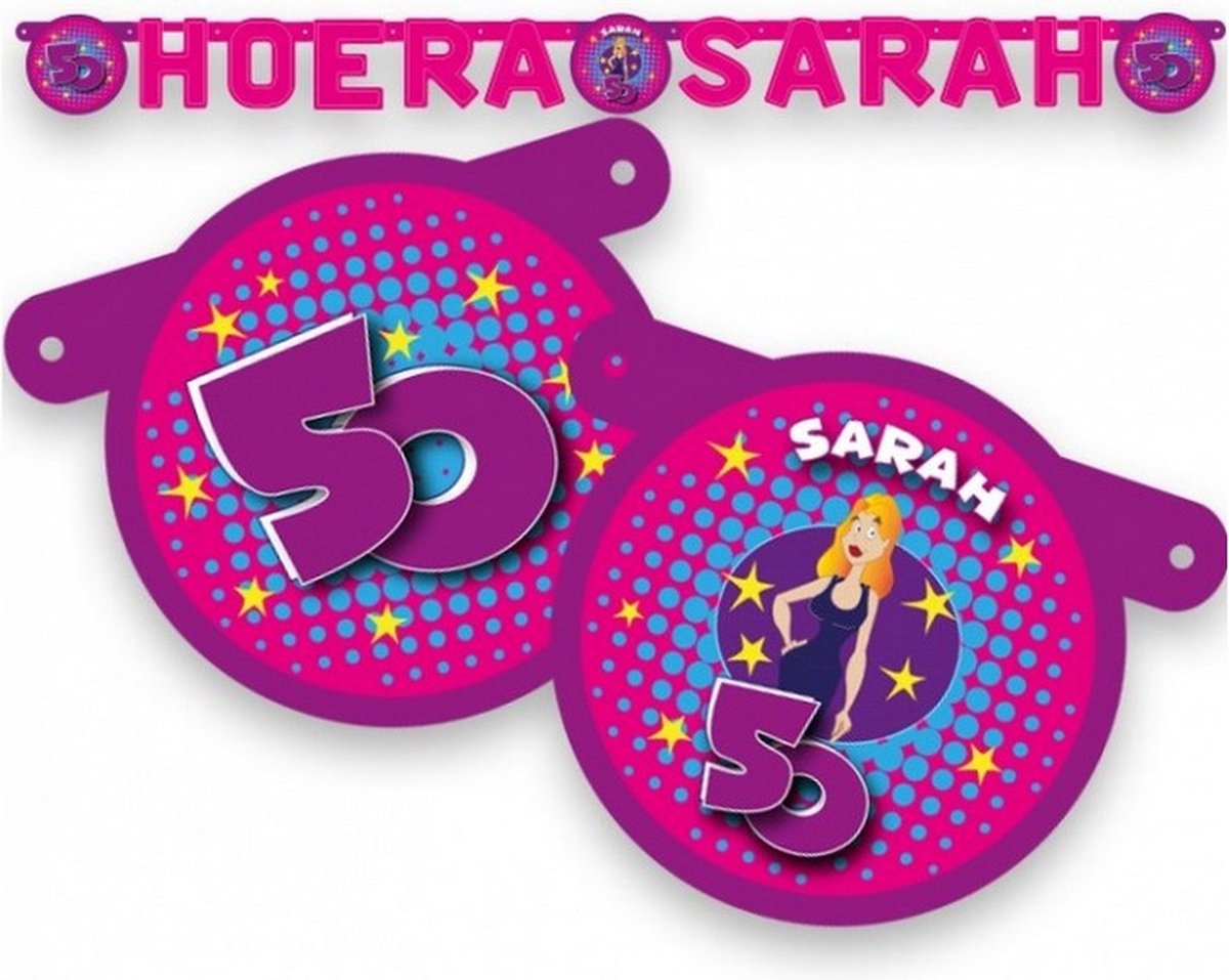 letterslinger Hoera Sarah 160 cm blauw/roze