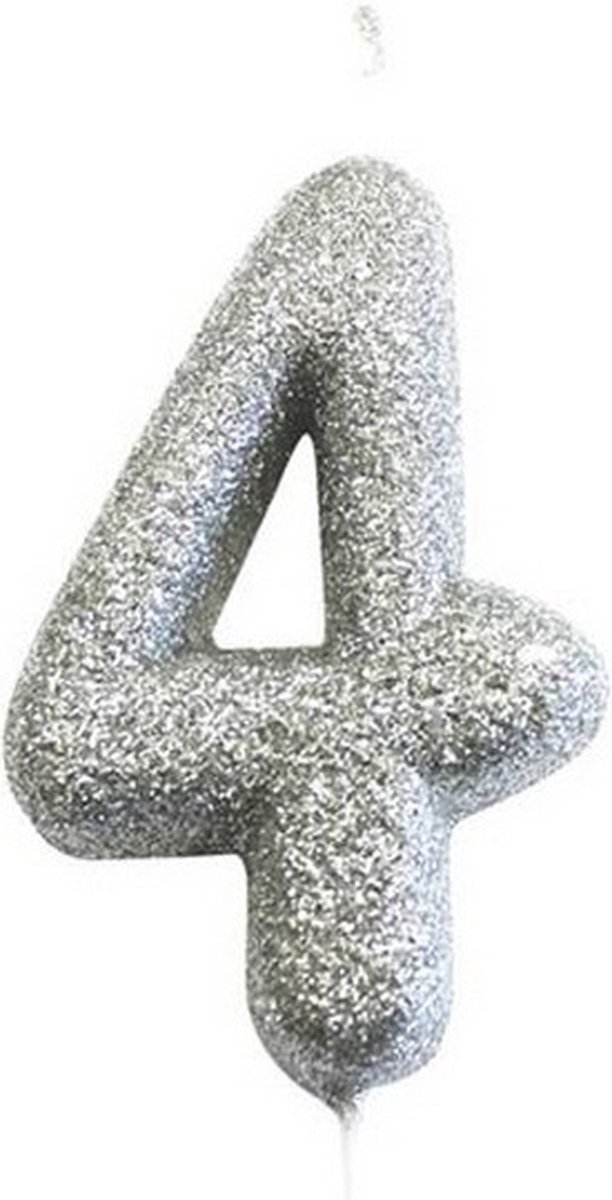 nummerkaars 4 7 cm wax glitter zilver