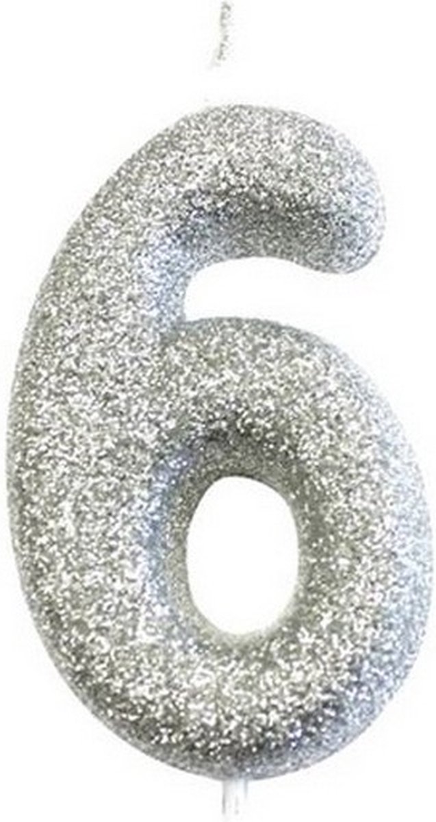 nummerkaars 6 7 cm wax glitter zilver