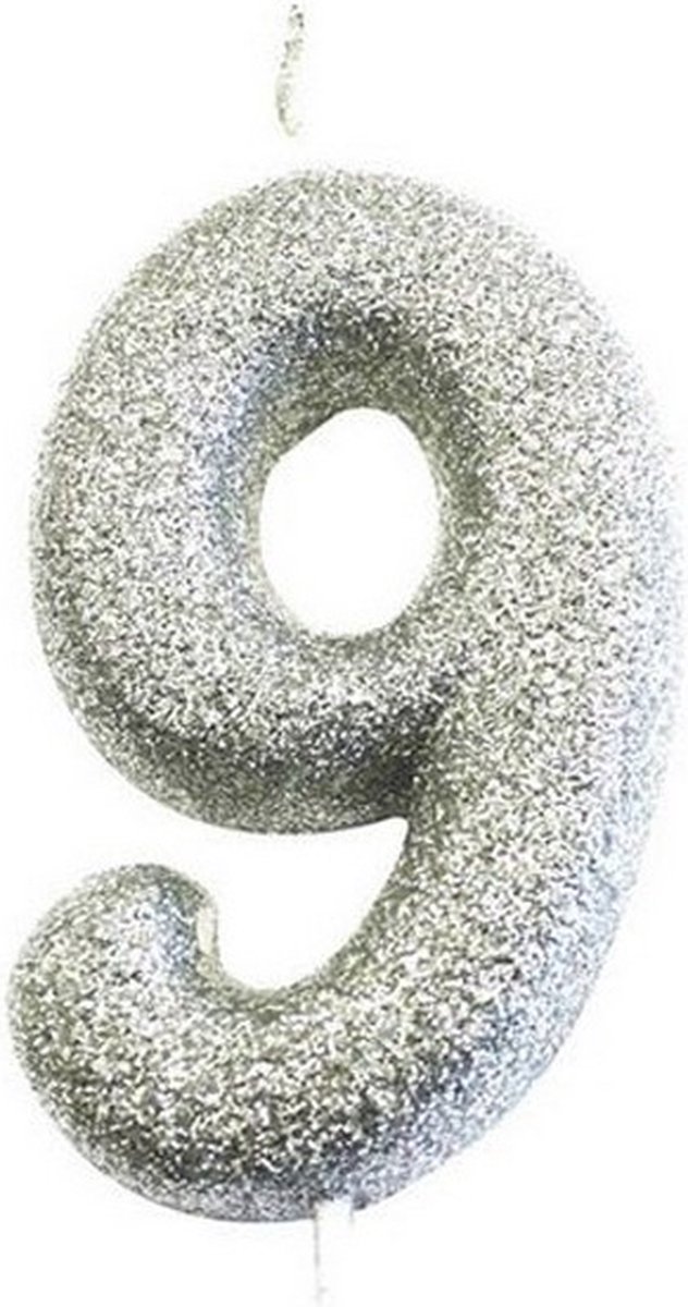 nummerkaars 9 7 cm wax glitter zilver