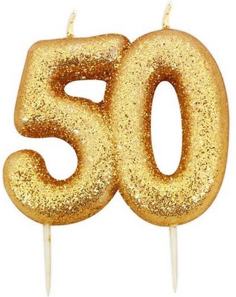 nummerkaars Glitter 50 jaar 7 cm wax goud