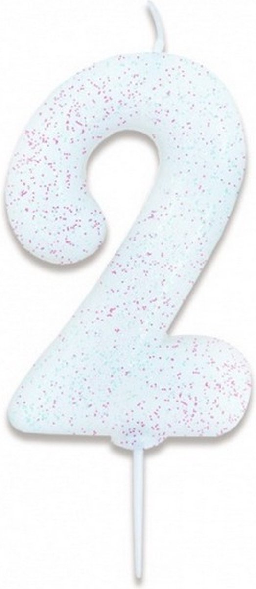 verjaardagskaars cijfer 2 wax 7 cm glitter wit