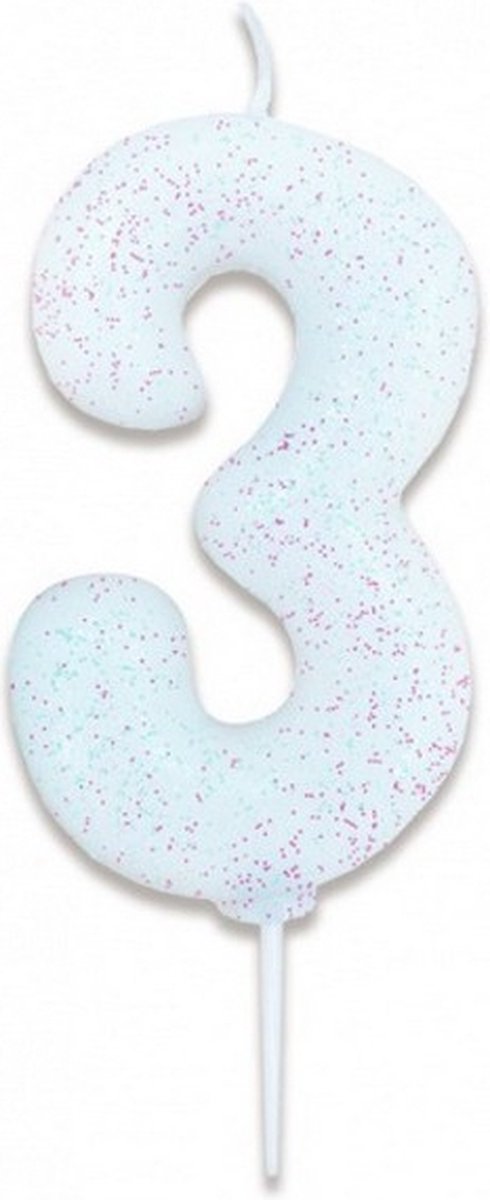 verjaardagskaars cijfer 3 wax 7 cm glitter wit