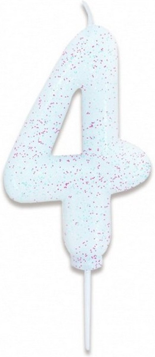 verjaardagskaars cijfer 4 wax 7 cm glitter wit