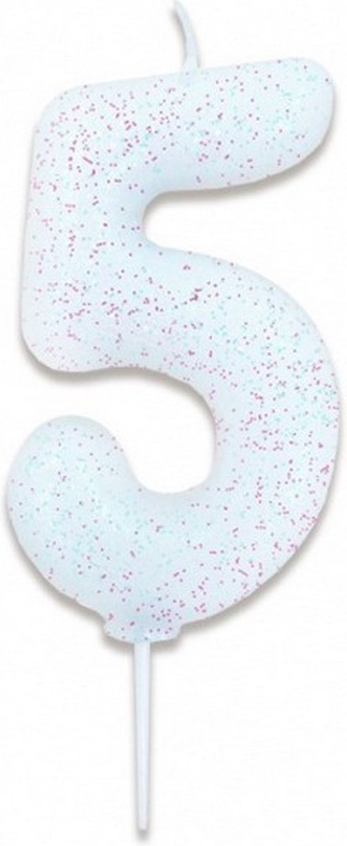 verjaardagskaars cijfer 5 wax 7 cm glitter wit