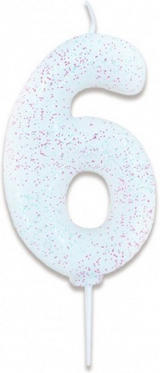 verjaardagskaars cijfer 6 wax 7 cm glitter wit