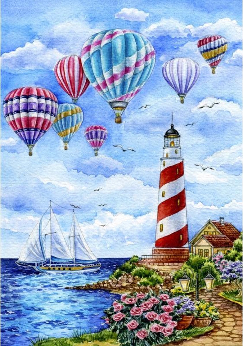 Diamond Painting  Vuurtoren en Luchtballonen  70 x100Cm  Wizardi