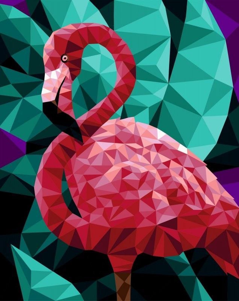 SCHILDEREN OP NUMMER VOOR VOLWASSENEN - WIZARDI - POLYGONALE FLAMINGO - 40 x 50 cm - opgespannen op hout