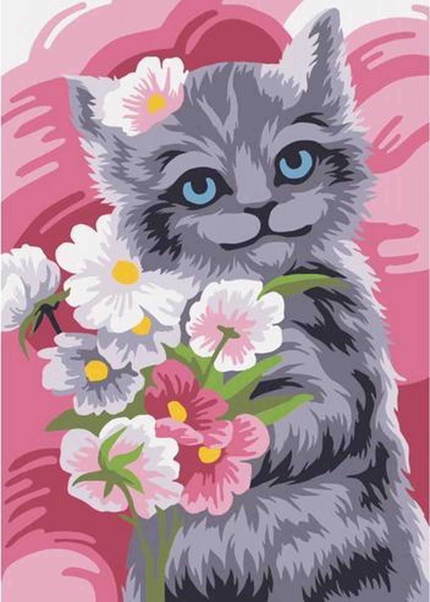 Wizardi - Schilderen op Nummer - Bloemen Kitten - 16,5x13 cm