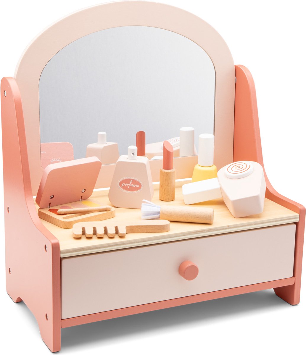  ® Houten Speelgoed Kaptafel - Roze Make-up Tafel met Spiegel & 7 Accessoires - Rollenspel voor Kinderen - Vanaf 3 Jaar