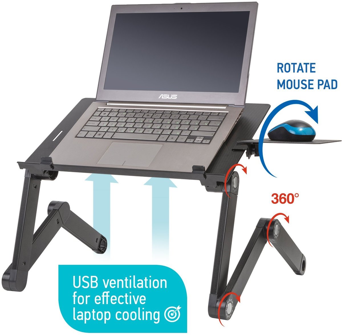 Ergonomische Laptoptafel Met Muismat & Actieve USB Ventilator Koeling - 360 Graden Verstelbaar - 7-17 Inch Notebook & Tablet Stand - Apple Macbook - Voor Op Bed/Schoot/Bank/Bureau - Zwart