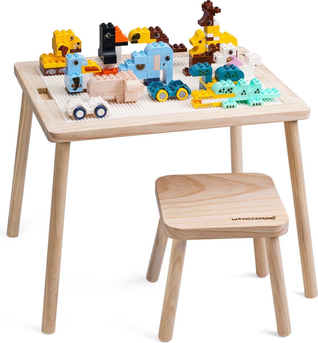 【Premium Massief Houten Bouwtafel Set + Triple Bonus】Compatibel met LEGO & DUPLO - Kindertafel + Stoeltje - Blokkentafel -   - Knutseltafel - 1* Bouwplaat voor Grote & Kleine Bouwstenen【  WA-D001】