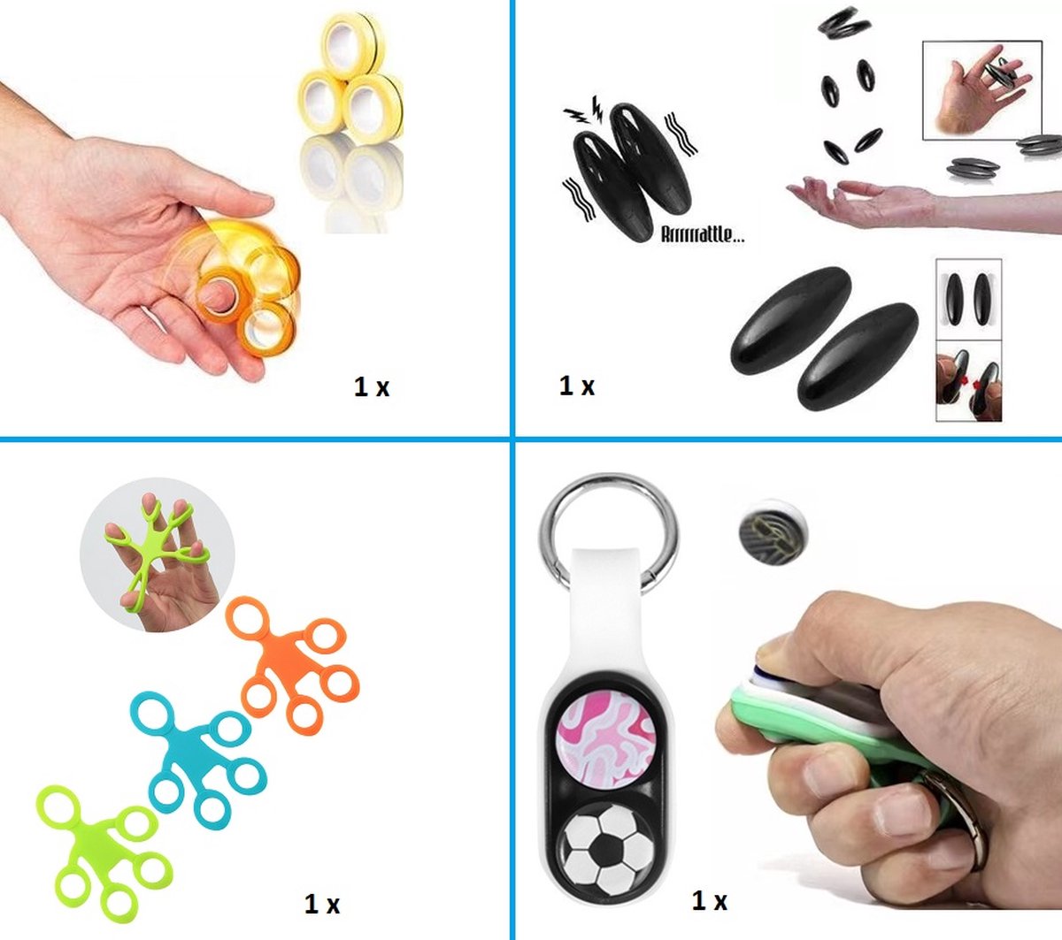 Fidget Pakket Finger Toys - 4 Stuks toppers TIKTOK - FingerStretch - Magneet Ringen - Snake Eggs - Fidget Duimspeeltje Puck magnetisch - Hype Trend 2023 - Must Have - Fidget pop - Super Cadeau - 4 Toppers zeer Voordelig