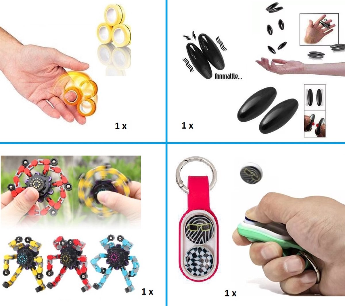 Fidget Pakket Finger Toys - 4 Stuks toppers TIKTOK - Spinner Wacky Robot - Magneet Ringen - Snake Eggs - Fidget Duimspeeltje Puck magnetisch - Hype Trend 2023 - Must Have - pop - Super Cadeau - 4 Toppers zeer Voordelig