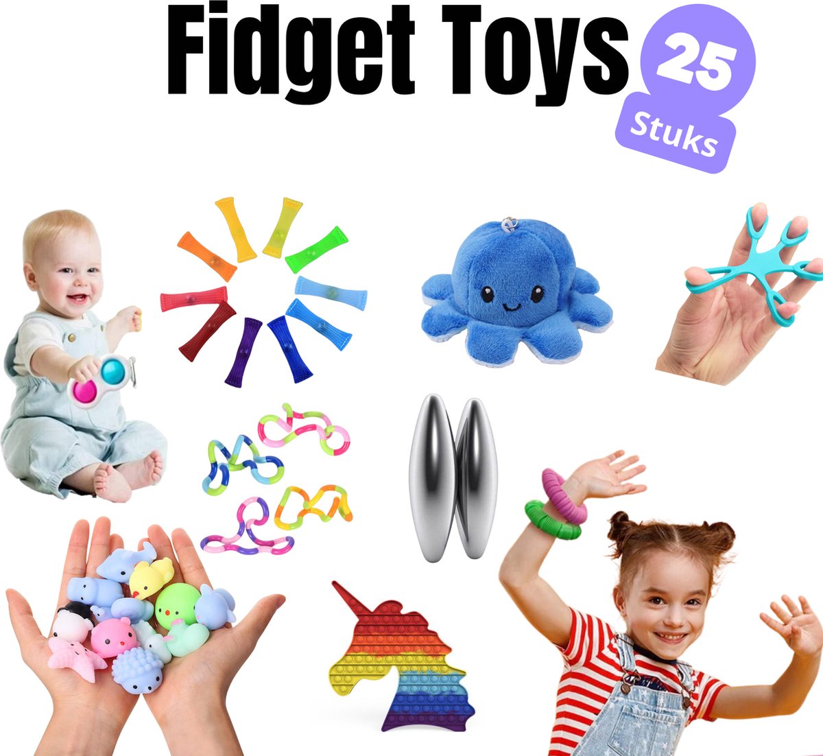 Fidget Toys - Pakket 25 Stuks - Pop It - Mood octopus - Squishy Mochis - Mesh Marble - Simple Dimple