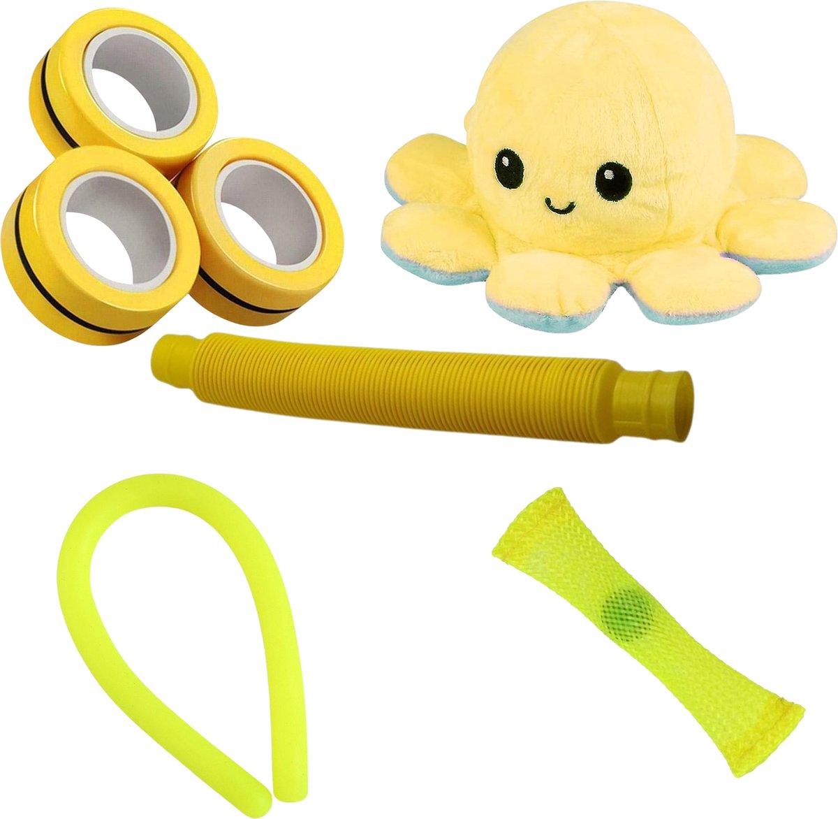 Wonderprice - Fidget Toys pakket - Geel - Mood Octopus - Pop Tube - Magneet Ringen - Monkey Noodle - Mesh Marble