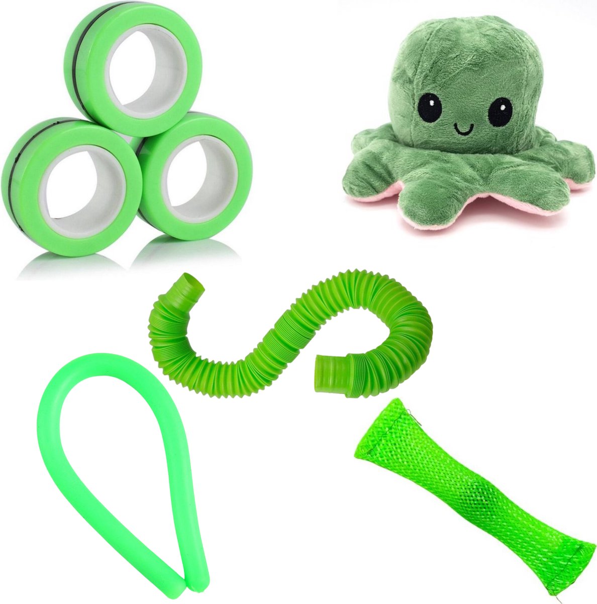 Wonderprice - Fidget Toys pakket - Groen - Mood Octopus - Pop Tube - Magneet Ringen - Monkey Noodle - Mesh Marble