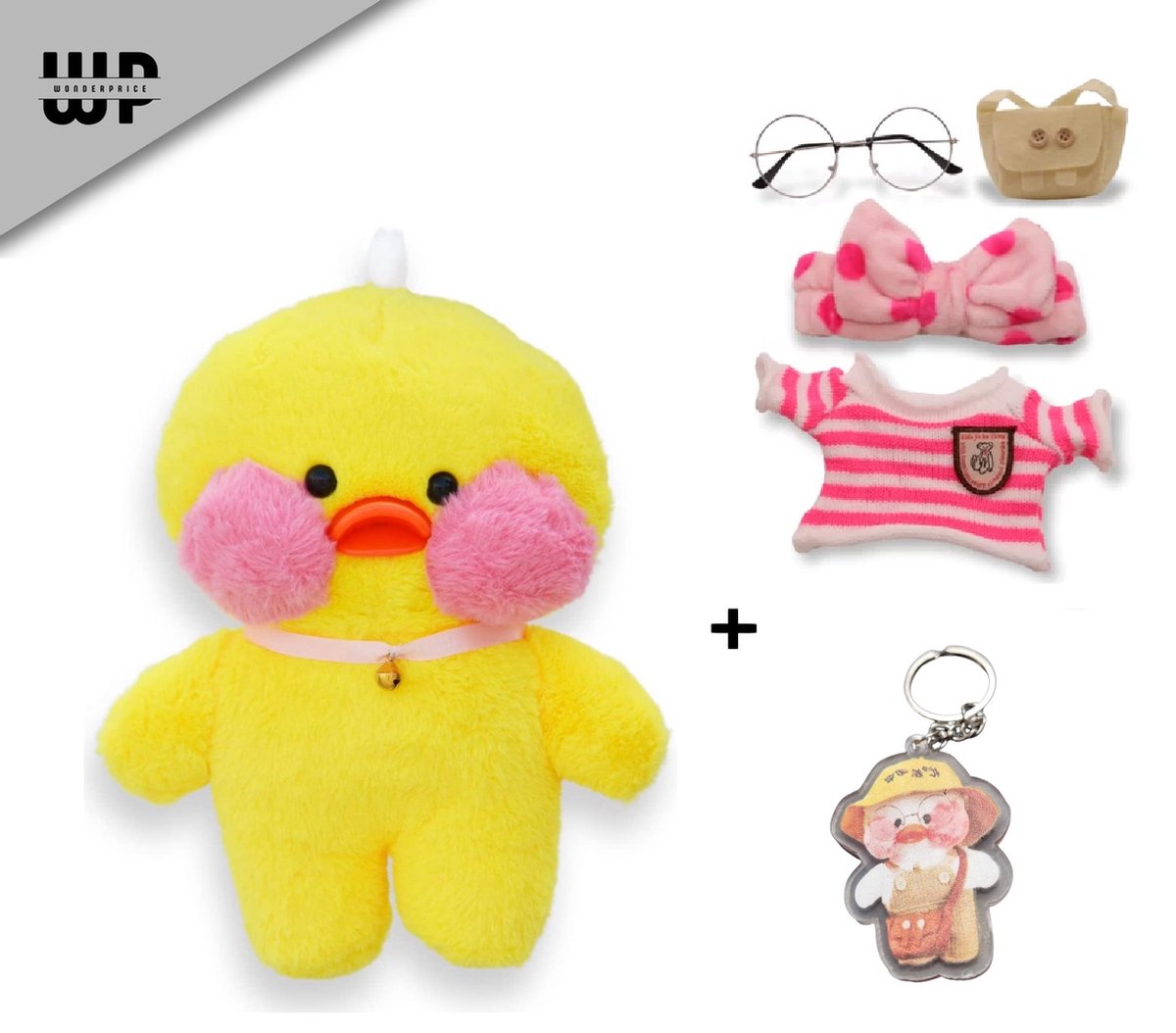 Wonderprice - Paperduck Cafe Mimi Pluche Geel 30cm + Sleutelhanger - Paper Duck knuffel - Paper Duck - Paperduck - Knuffel Eend - 30cm - met kleding setje en Bril en ketting - Mystery Kleding