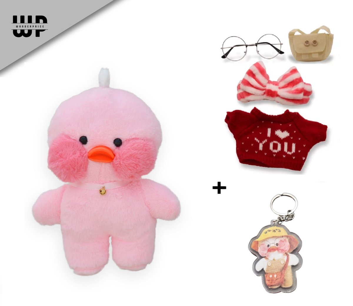 Wonderprice - Paperduck Cafe Mimi Pluche Roze 30cm + Sleutelhanger - Paper Duck knuffel - Paper Duck - Cafe MiMi - Paperduck - Knuffel Eend - 30cm - met kleding setje en Bril en ketting - Mystery Kleding