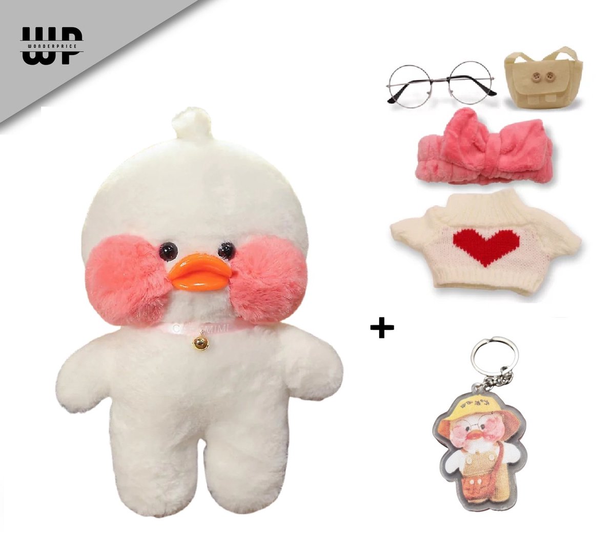 Wonderprice - Paperduck Cafe Mimi Pluche Wit 30cm + Sleutelhanger - Paper Duck knuffel - Paper Duck - Cafe MiMi - Paperduck - Knuffel Eend - 30cm - met kleding setje en Bril en ketting - Mystery Kleding