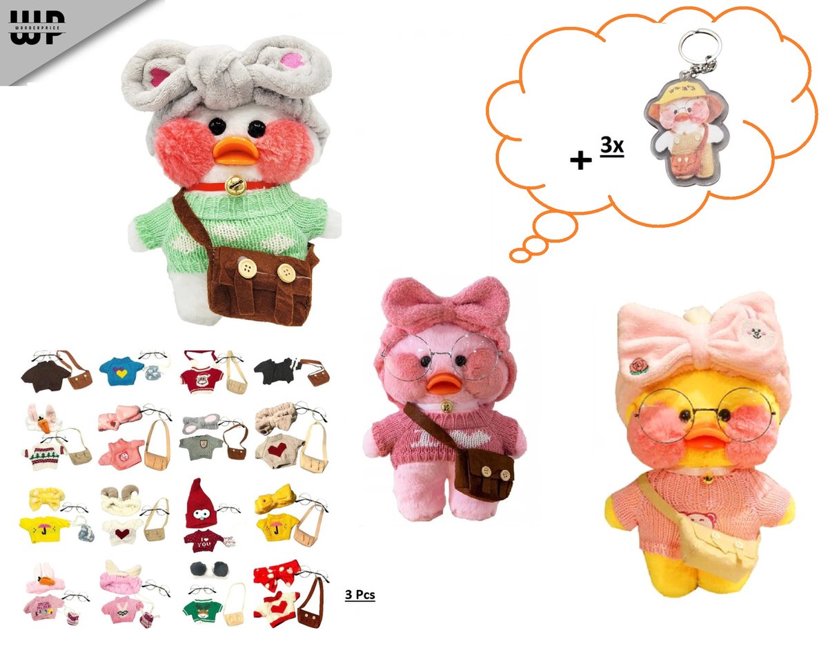 Wonderprice 3 stuks Lalafanfan Duck Paper Duck Inclusief 3 setjes - Cute Eend - Lalafanfan Duck 3 Knuffels - Schattig Eend - Lalafanfan - Set van 3 Knuffels Inclusief 3 setjes - Geel - Roze - Wit + 3 Seutelhangers