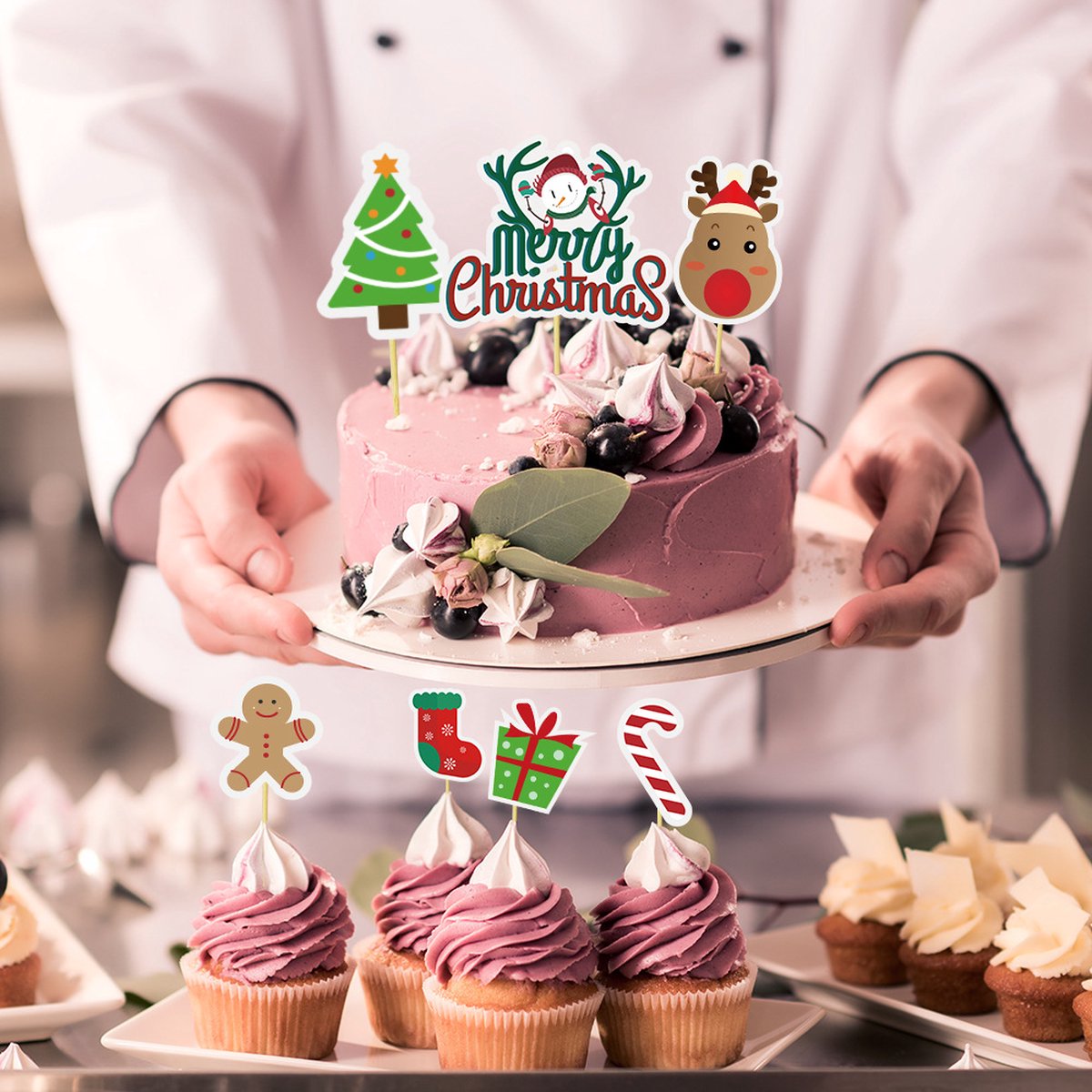  s Kerst 15 stuks - Cupcake Prikkers - Cupcake Versiering - Cupcake Toppers - Taart Decoratie - Taartversiering - Merry Christmas