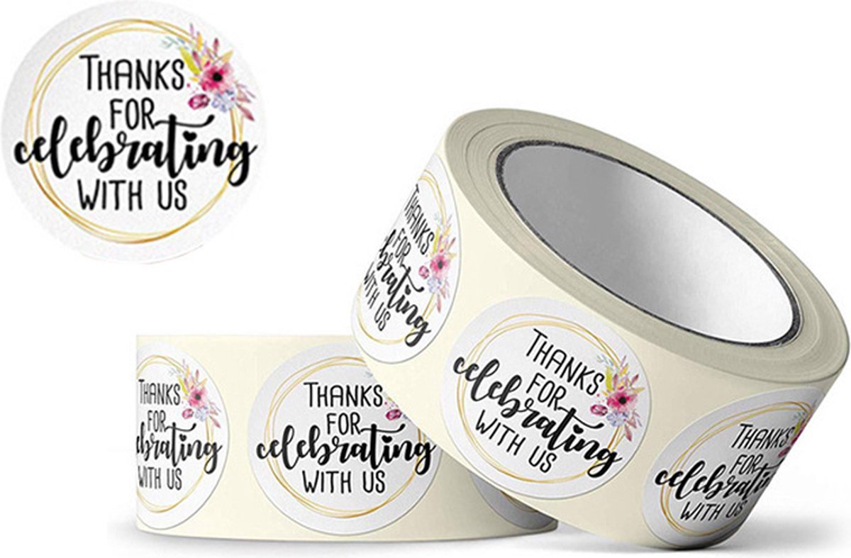 Thanks for Celebrating With Us stickers 500 stuks! - Bloemen - Sluitstickers - Sluitzegel - Small Business - Envelopsticker - Traktatie zakje - Cadeau - Cadeauzakje - Chique inpakken - Feest - Bruiloft - BabyShower - Verjaardag - Bedankjes - Bedankt