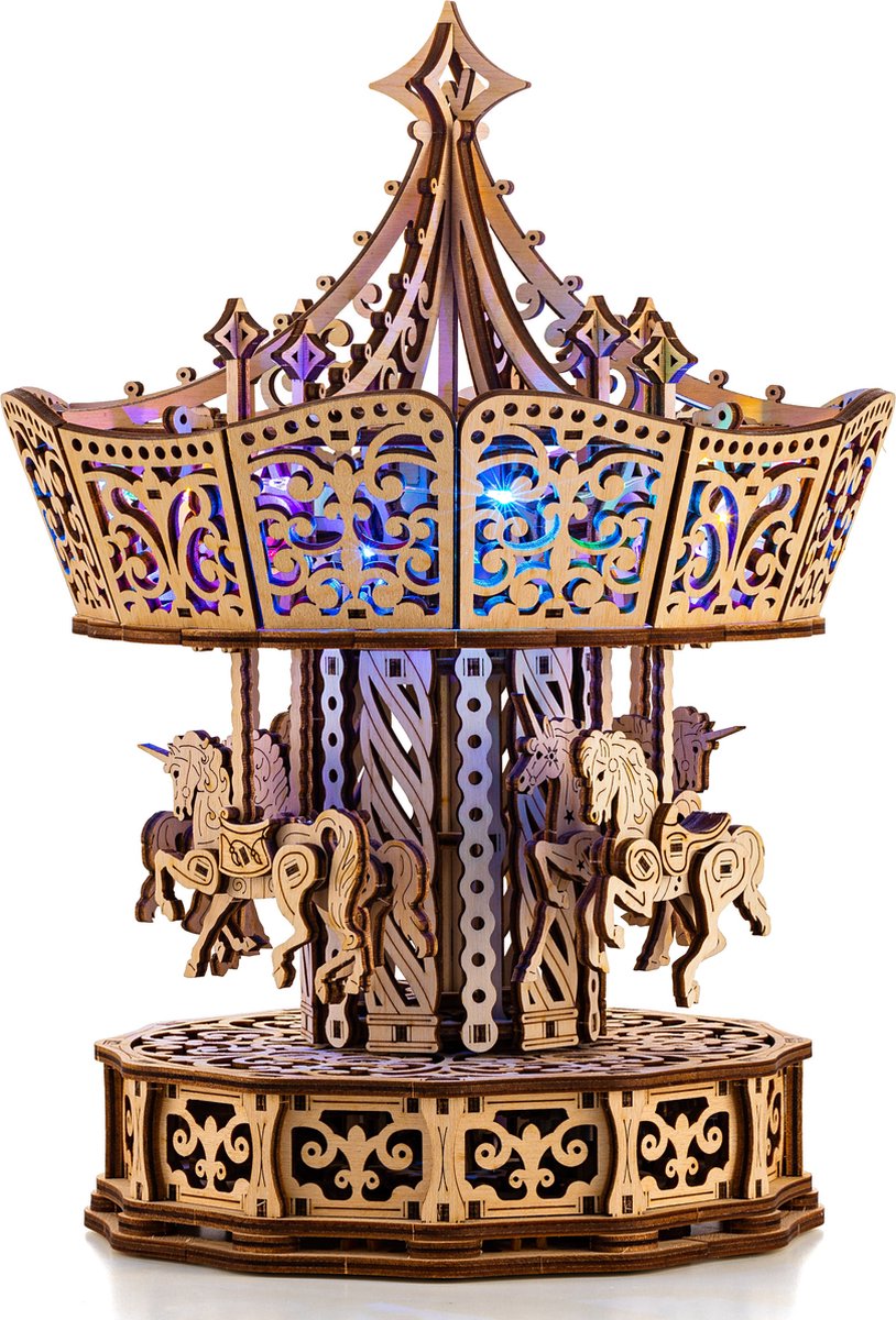 Wood Trick - Houten modelbouw 3D puzzel - Parisian Carousel/Draaimolen (WDTK051) - Geen lijm noch verf nodig - Met muziek en licht