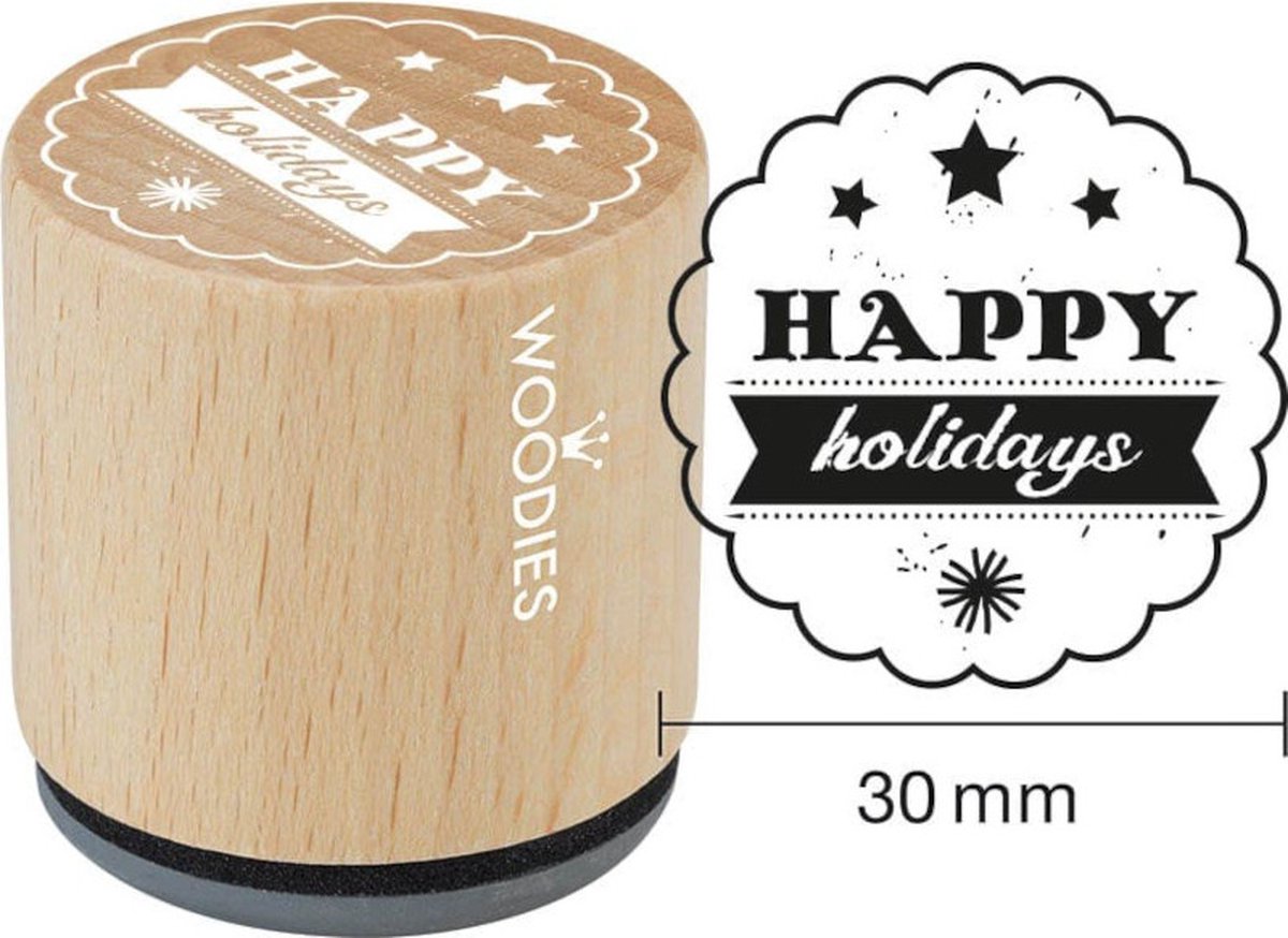 Houten stempel, d: 30 mm, h: 35 mm, happy holidays , 1stuk