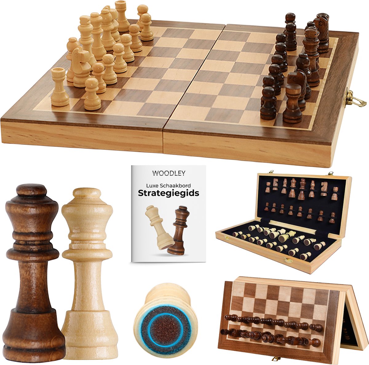   Luxe Houten Schaakbord - Opvouwbare schaakset met schaakstukken - Schaakspel - Bordspel - Magnetisch schaakbord - Extra Koningin - Chess set - 40cm - Complete set van beginner tot expert - Inclusief strategieboekje