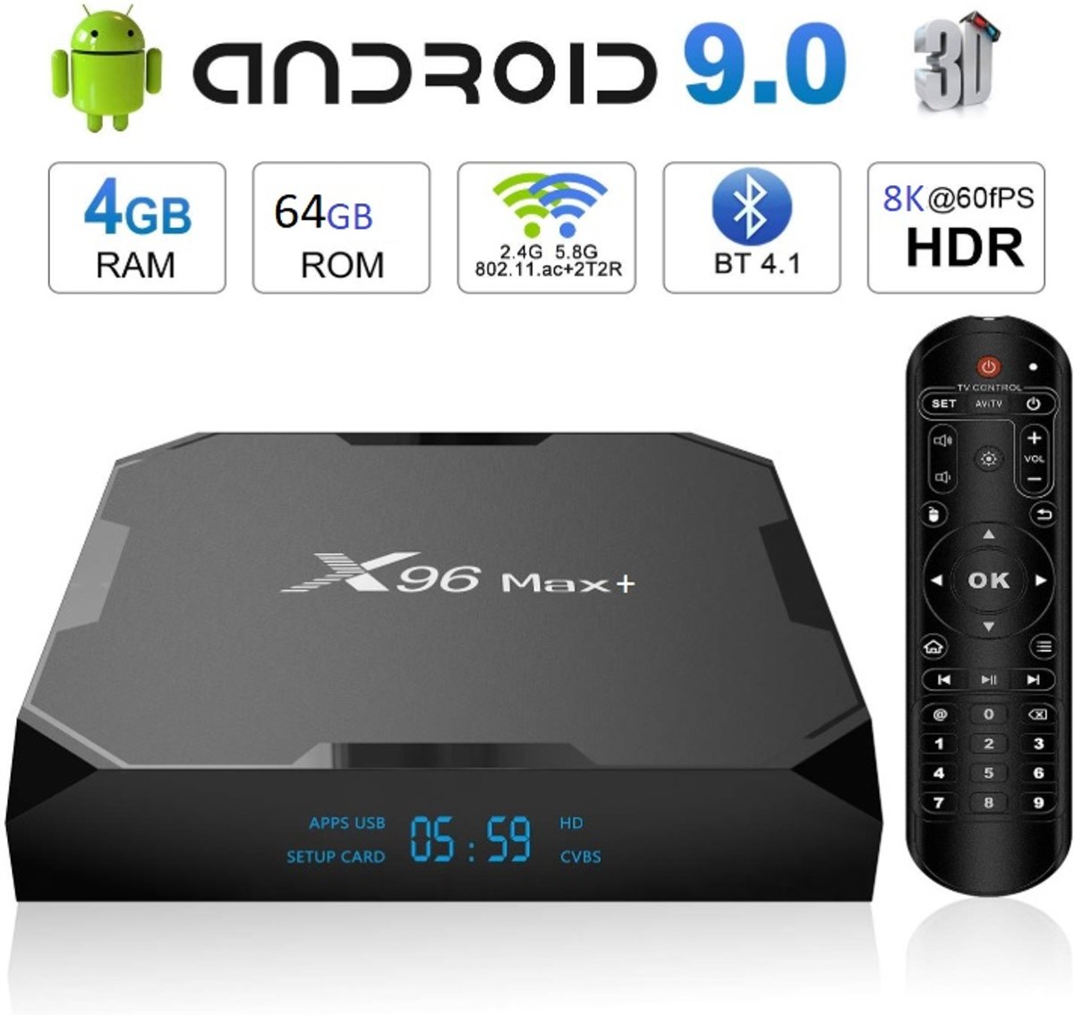 H96 Max+ S905X3 - Android 9.0 – TVBOX - nieuw model – 4GB RAM en 64GB ROM – 8K