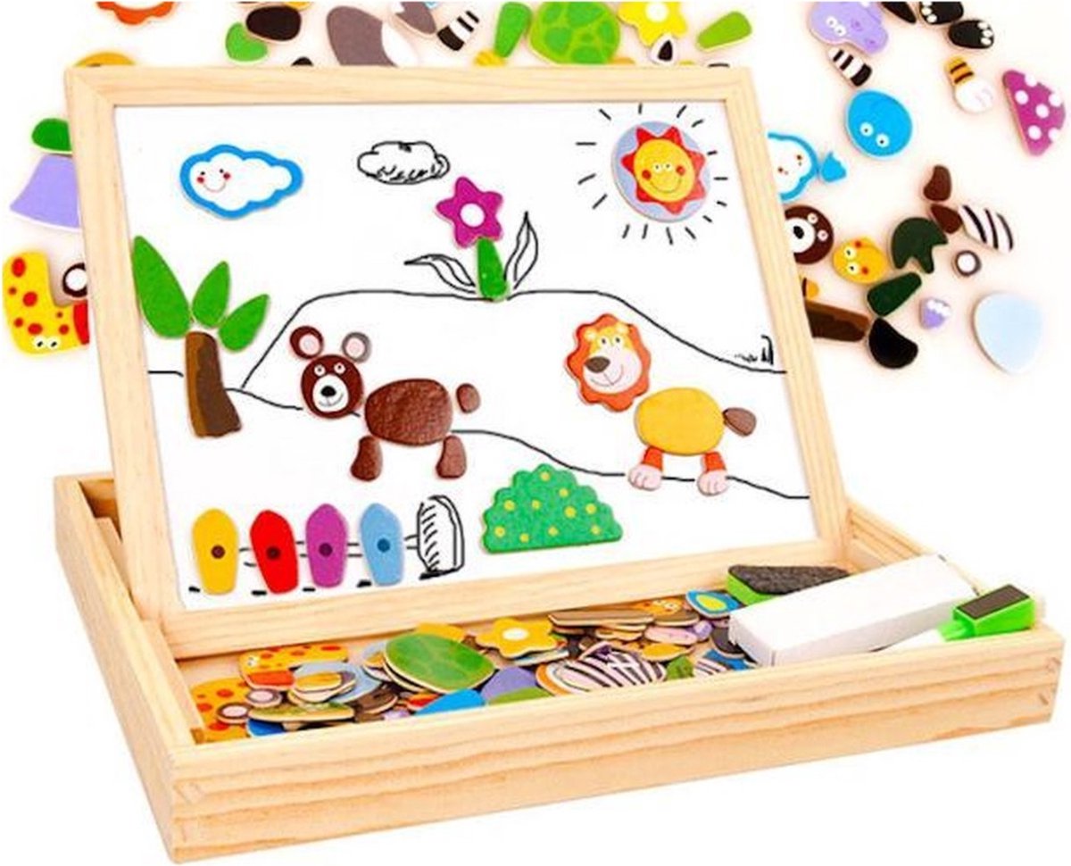 Magnetische Dieren Puzzel & Krijtbord - Alles in 1 Houten Speelbox - Multifunctioneel - 71 stukken - Xd Xtreme