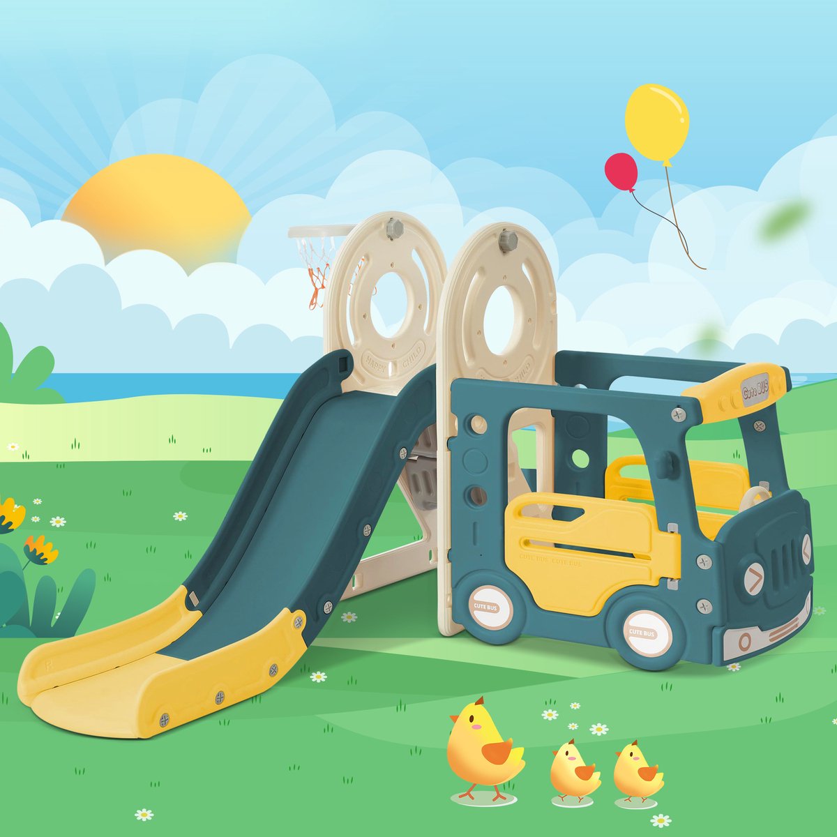 4-in-1 glijbaanset voor kinderen met bus/glijbaan/activiteitsladder/basketbalring en basketbal - Veilige HDPE-kunststof glijbaan voor kinderen vanaf 3 jaar