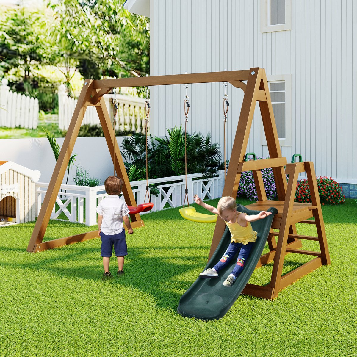 Dubbele schommel voor kinderen- Stevige kinderschommel met glijbaan en klimladder-outdoor schommel frame massief hout-schommel frame-238.5x240x168.9cm