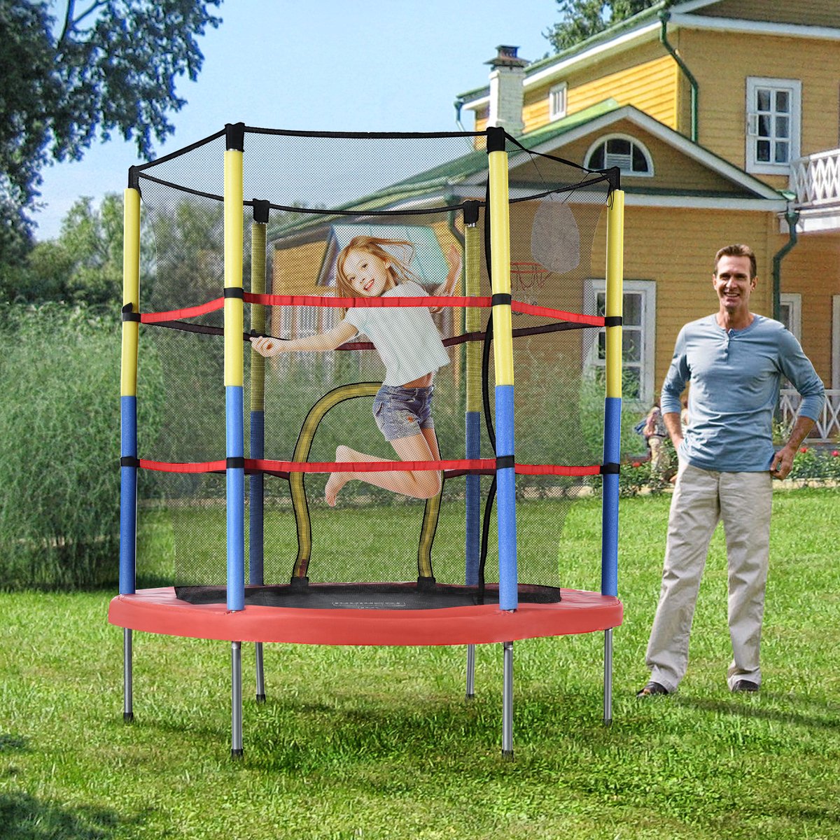 Kids Trampoline met Basketbal Hoop- Mini Trampoline voor Binnen en Buiten- Kids Trampoline voor Verjaardag/Kerst- Gewichtscapaciteit 45kg-, Totale Grootte 164x140cm- Veelkleurig