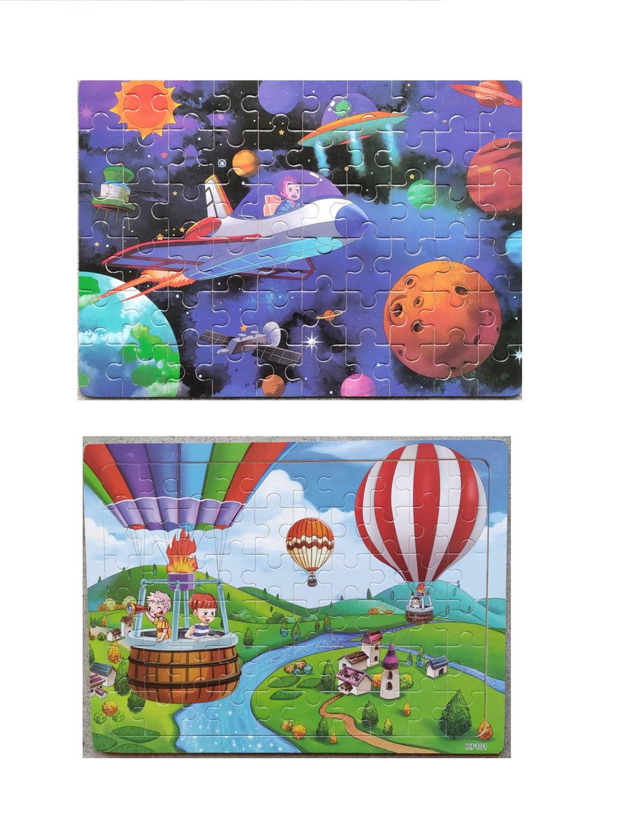 2 Houten Puzzels-60 Stuk-Legpuzzel-Educatief-Kinderen-Kleuters-Luchtballon/Ruimte