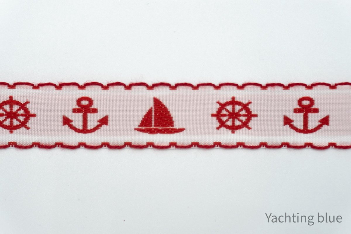 Geweven sierband -  rood bootjes band - fournituren - lengte 3 meter - anker - stuurwiel - zeilboot - lint - stof - afwerkband - katoenen band - naaien - decoratieband -