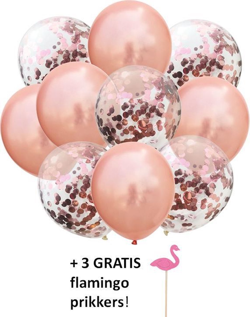 Confetti ballonnen Rosé - 10 stuks + GRATIS 3 flamingo satéprikkers