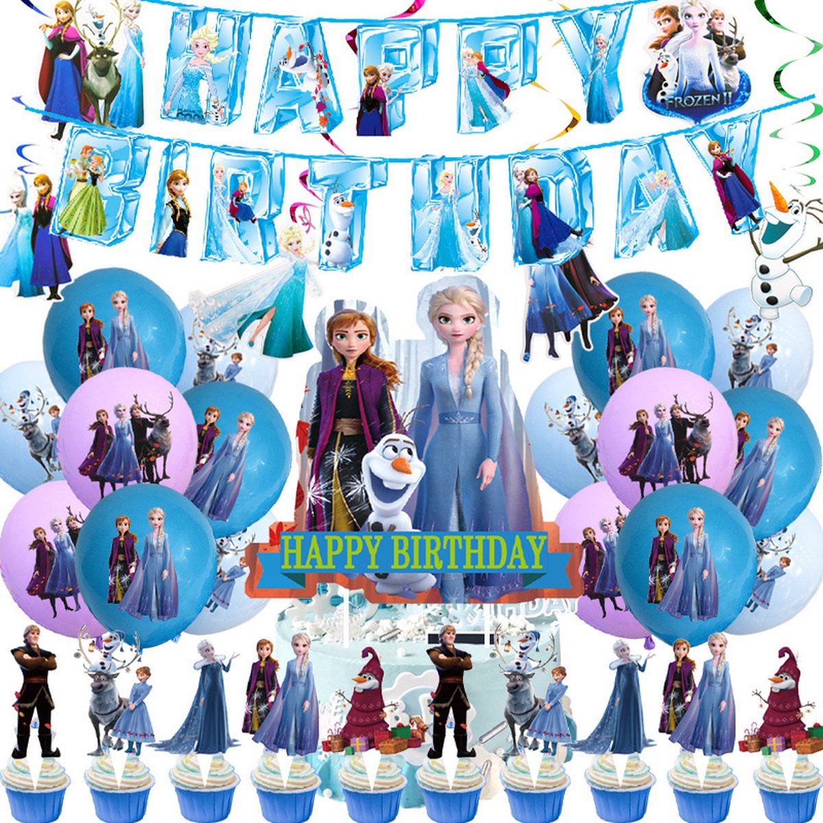 Yar - Frozen Thema Verjaardag Decoratie Versiering – Feestpakket met ballonnen - Taart decoratie - Slingers - Vlaggenlijn - Kinderfeestje Meisje - Elsa - Anna - Olaf