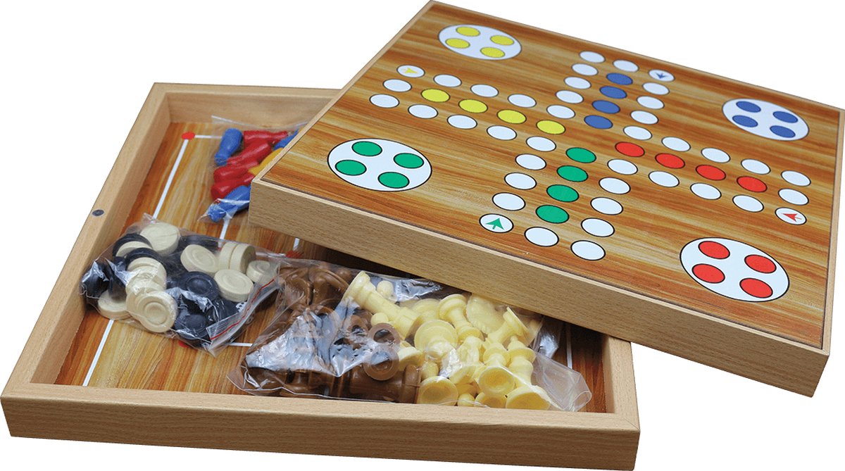 5 in 1 spellendoos - Schaken - Dammen - Backgammon - Mens erger je niet - Molenspel - houten kistje met magnetische sluiting - maat 32cm