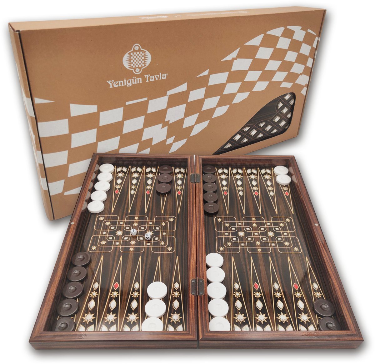 Yenigün Carved Backgammon set - model Filigree - Maat XXL 50cm - Zeer luxe en uniek houten backgammon spel