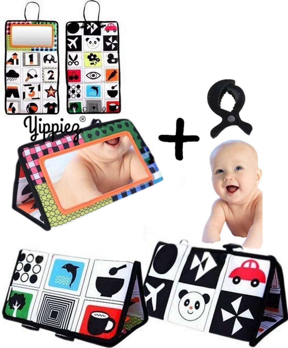   Tummy Time Trainer met Spiegel - Knisperboekje – Buiklig Speelgoed voor Baby’s 0-24 mnd – Inclusief Multifunctionele Clip – Montessori – Educatief & Veilig
