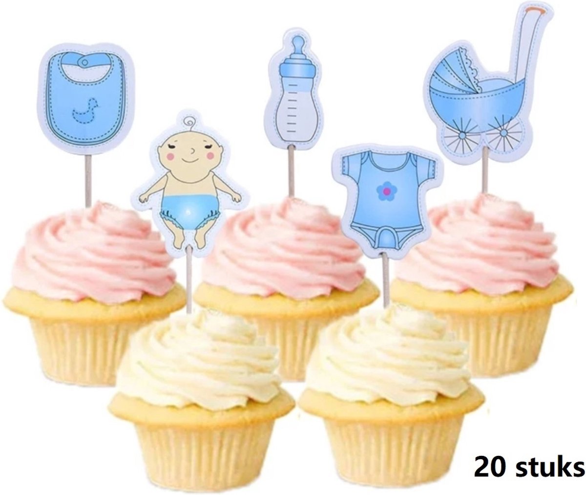 Baby boy prikkers - Versiering Jongen 20 stuks cupcake toppers - Geboorte - Taart - Cake - Taart - babyshower topper - Prikker - 10 cm