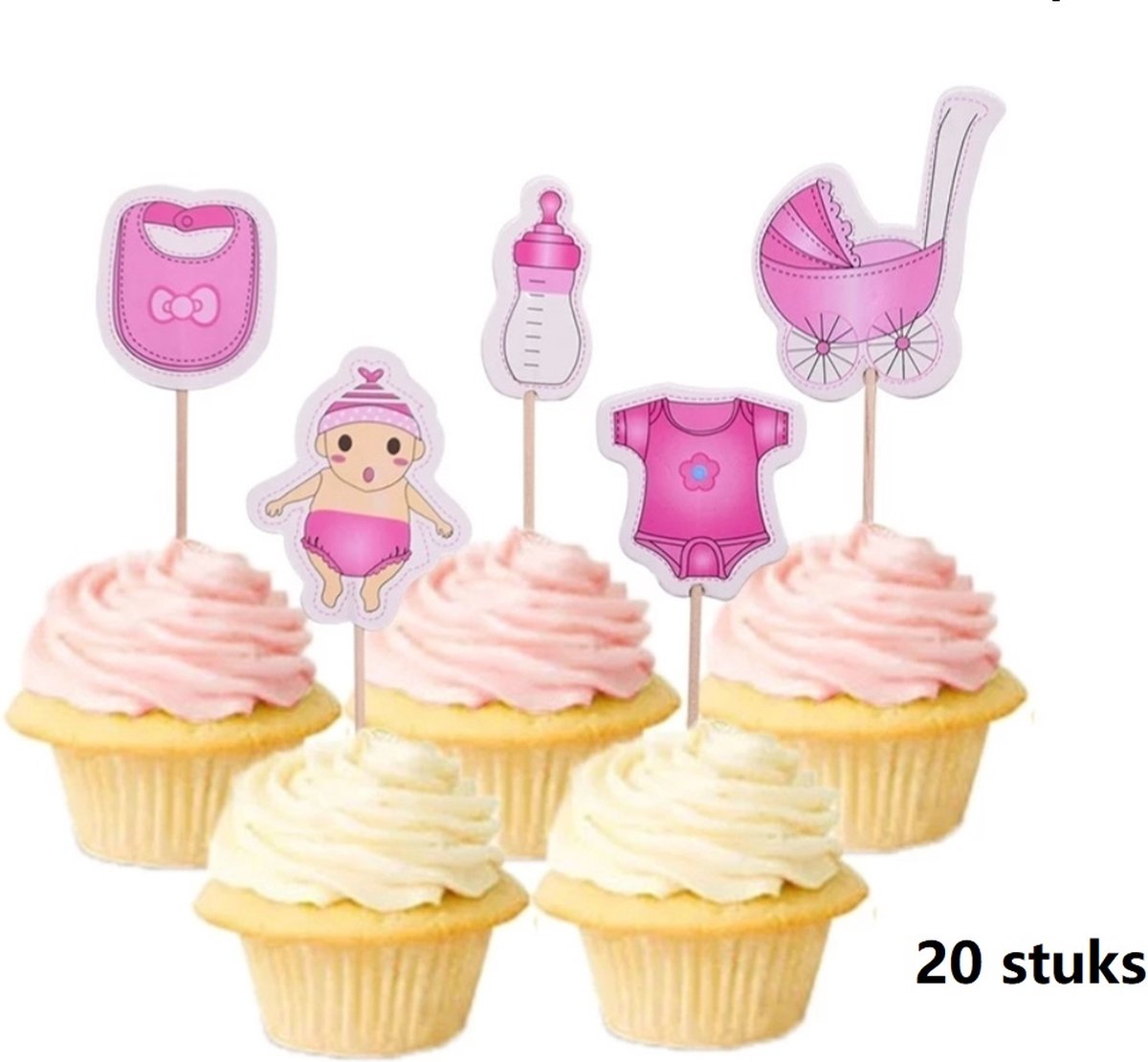 Baby girl prikkers - Versiering meisje 20 stuks cupcake toppers - Geboorte - Taart - Cake - Taart - babyshower topper - Prikker - 10 cm