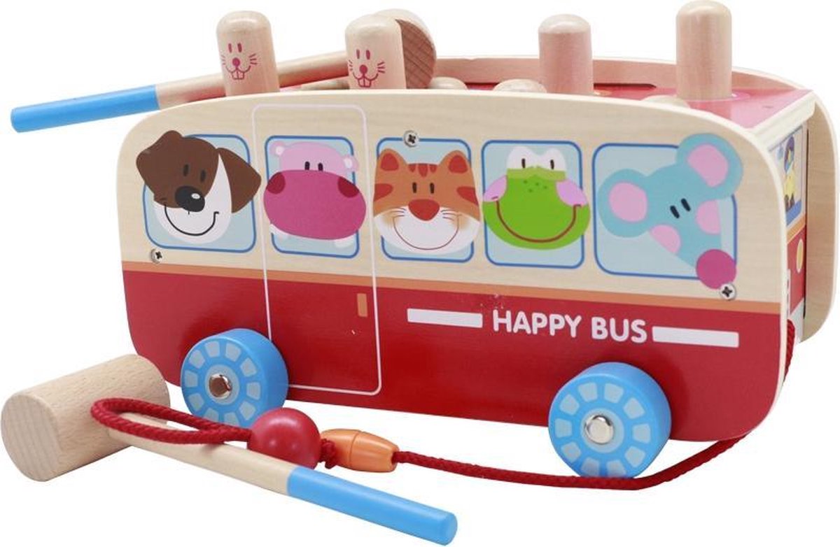 ZaCia Houten Speelgoedbus Hamster - Hamerbank - Educatief speelgoed - Sleepwagen - Trekfiguur