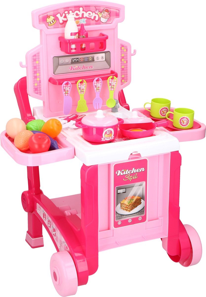 Speelkeuken - 40-delig - rolkoffer - roze - keukenspeelset - 2-in-1 speelkeuken en trolley - met licht en geluid - diverse accessoires - speelgoedkeuken