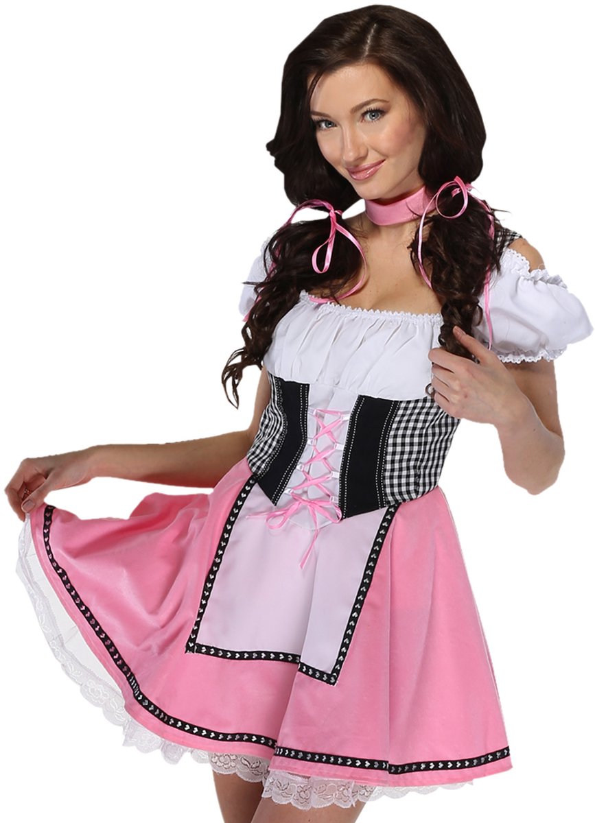 Tyroler Dirndl Lina - maat L - Luxe Oktoberfest jurkje roze - Dirndl met choker en onderrok met kant -maat - 42 - Bavarian dress voor dames - Carnaval en themafeesten - Zebra & Friends Tyrolerjurkje